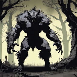 A terrifying werehyena, a human with a hyena face, extremely muscular and big, standing in a dark, eerie setting