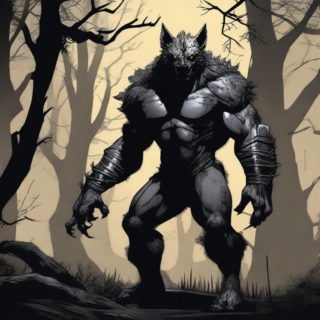 A terrifying werehyena, a human with a hyena face, extremely muscular and big, standing in a dark, eerie setting