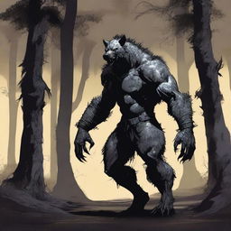 A terrifying werehyena, a human with a hyena face, extremely muscular and big, standing in a dark, eerie setting