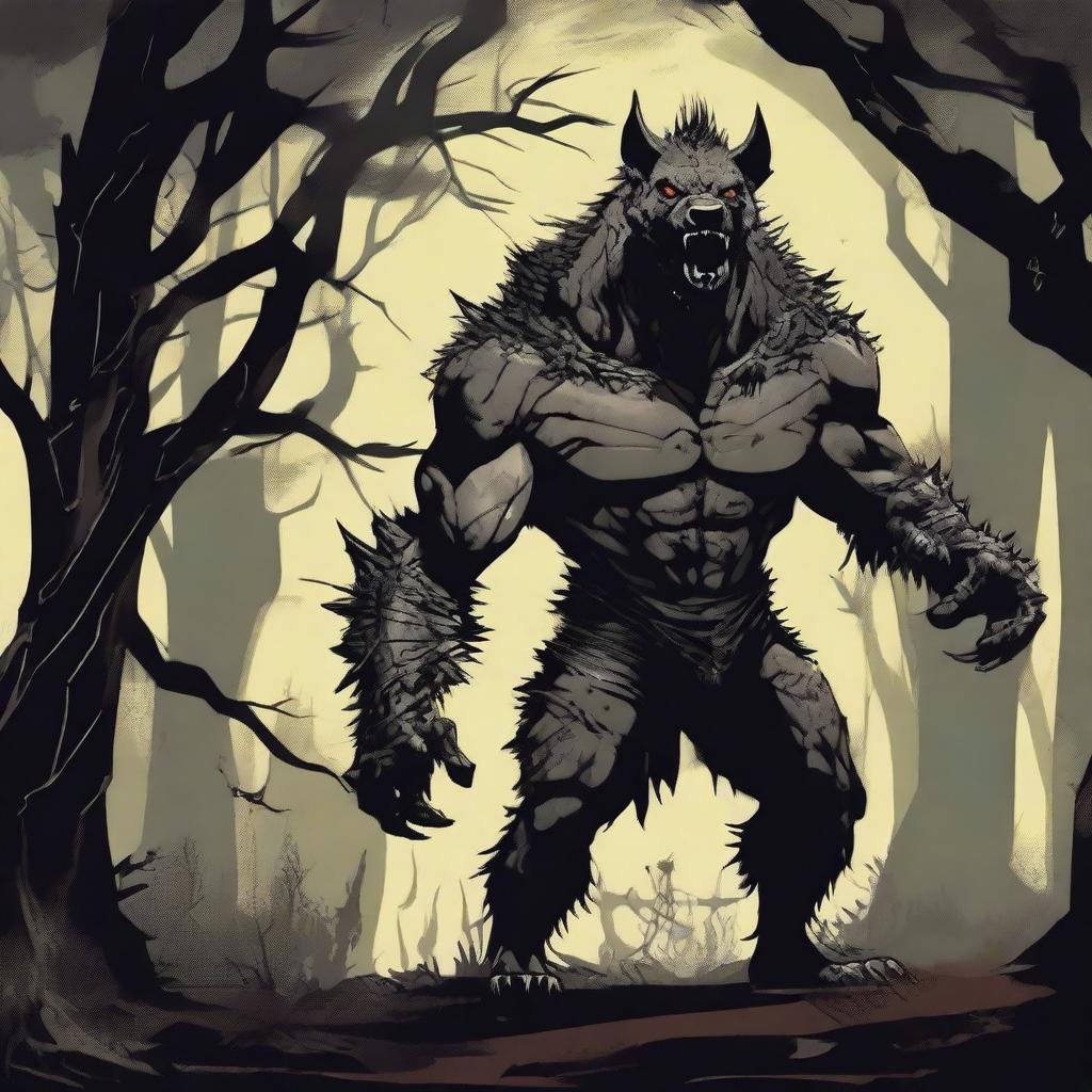 A terrifying werehyena, a human with a hyena face, extremely muscular and big, standing in a dark, eerie setting