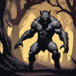 A terrifying werehyena, a human with a hyena face, extremely muscular and big, standing in a dark, eerie setting