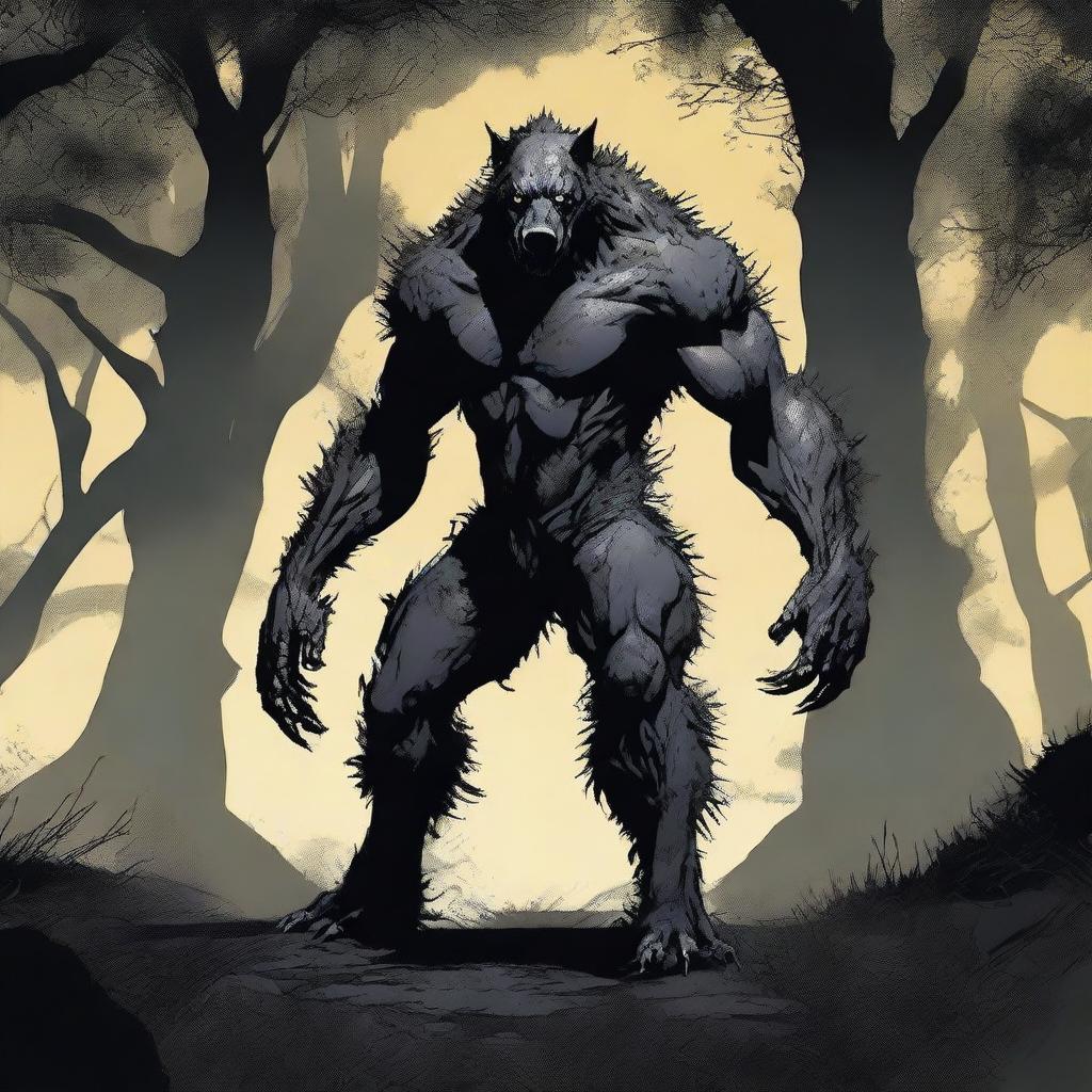 A terrifying werehyena, a human with a hyena face, extremely muscular and big, standing in a dark, eerie setting