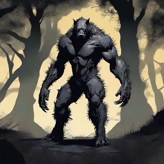 A terrifying werehyena, a human with a hyena face, extremely muscular and big, standing in a dark, eerie setting