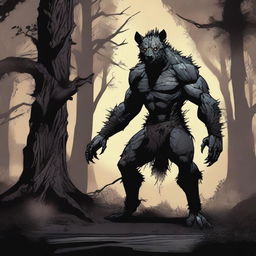 A terrifying werehyena, a human with a hyena face, extremely muscular and big, standing in a dark, eerie setting