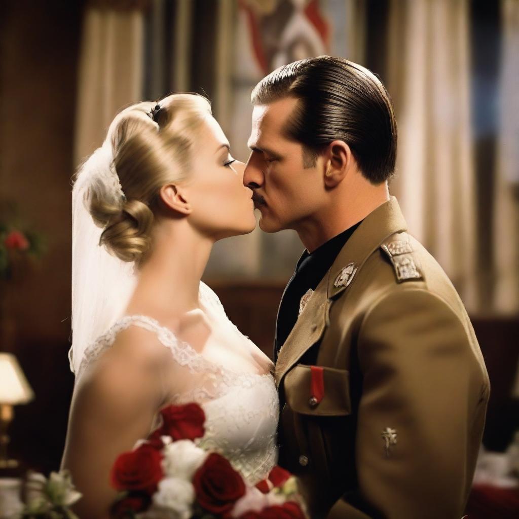 Create an image featuring Standartenführer Dieter Hellstrom and Shosanna Dreyfus from the movie 'Inglourious Basterds' having a wedding and passionately kissing