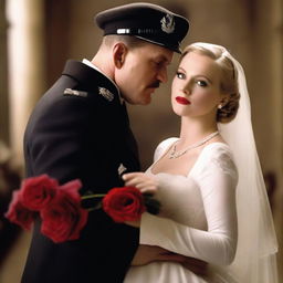 Create an image featuring Standartenführer Dieter Hellstrom and Shosanna Dreyfus from the movie 'Inglourious Basterds' having a wedding and passionately kissing