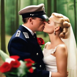 Create an image featuring Standartenführer Dieter Hellstrom and Shosanna Dreyfus from the movie 'Inglourious Basterds' having a wedding and passionately kissing