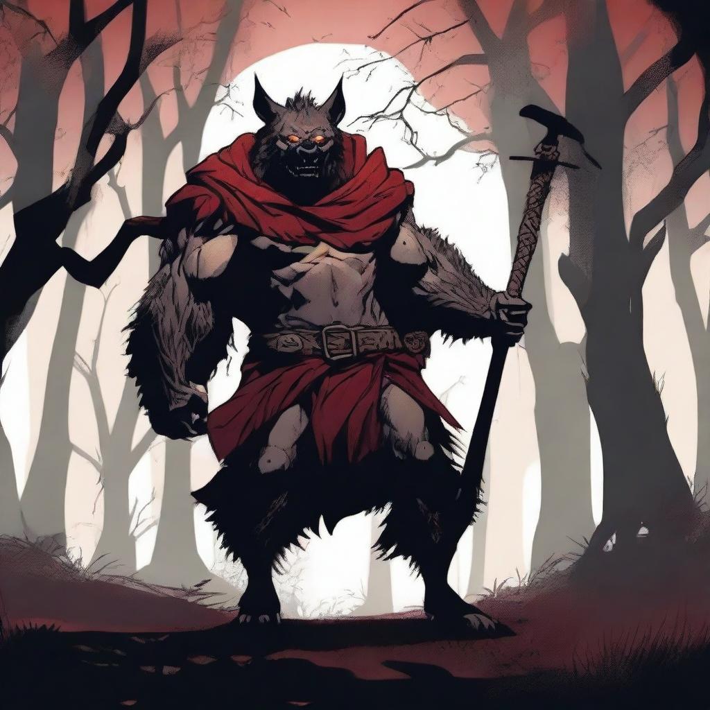 A terrifying werehyena, a human with a hyena face, extremely muscular and big, wearing a red cape and holding a wooden staff