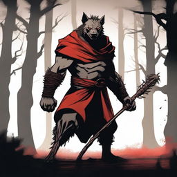 A terrifying werehyena, a human with a hyena face, extremely muscular and big, wearing a red cape and holding a wooden staff