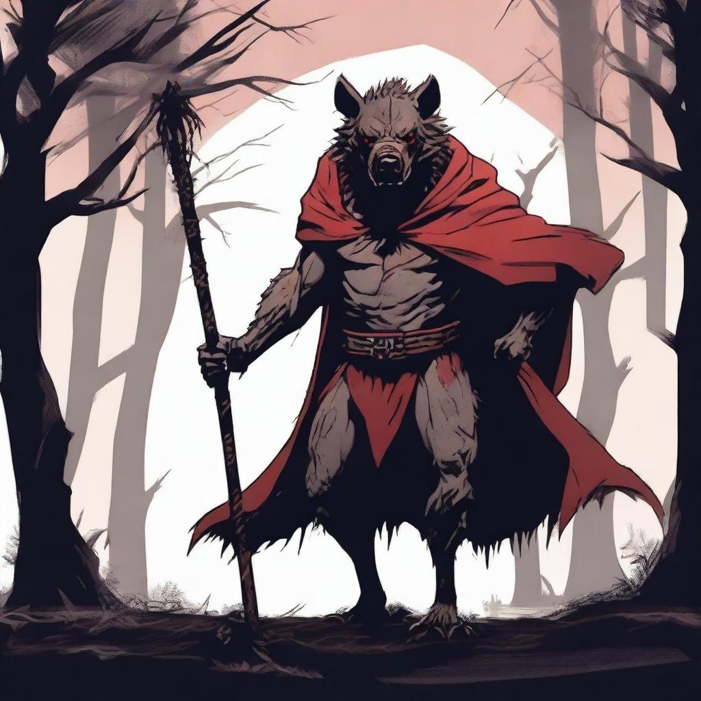 A terrifying werehyena, a human with a hyena face, extremely muscular and big, wearing a red cape and holding a wooden staff