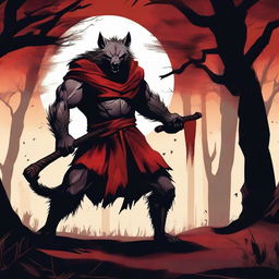 A terrifying werehyena, a human with a hyena face, extremely muscular and big, wearing a red cape and holding a wooden staff