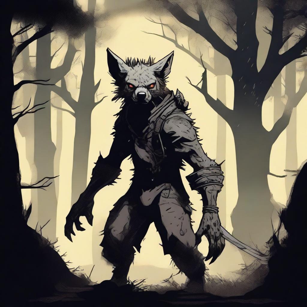 A terrifying werehyena, a human with a hyena face, standing in a dark, eerie setting