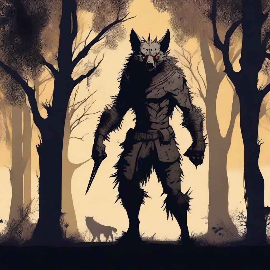 A terrifying werehyena, a human with a hyena face, standing in a dark, eerie setting