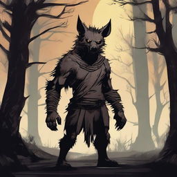 A terrifying werehyena, a human with a hyena face, standing in a dark, eerie setting