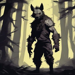 A terrifying werehyena, a human with a hyena face, standing in a dark, eerie setting