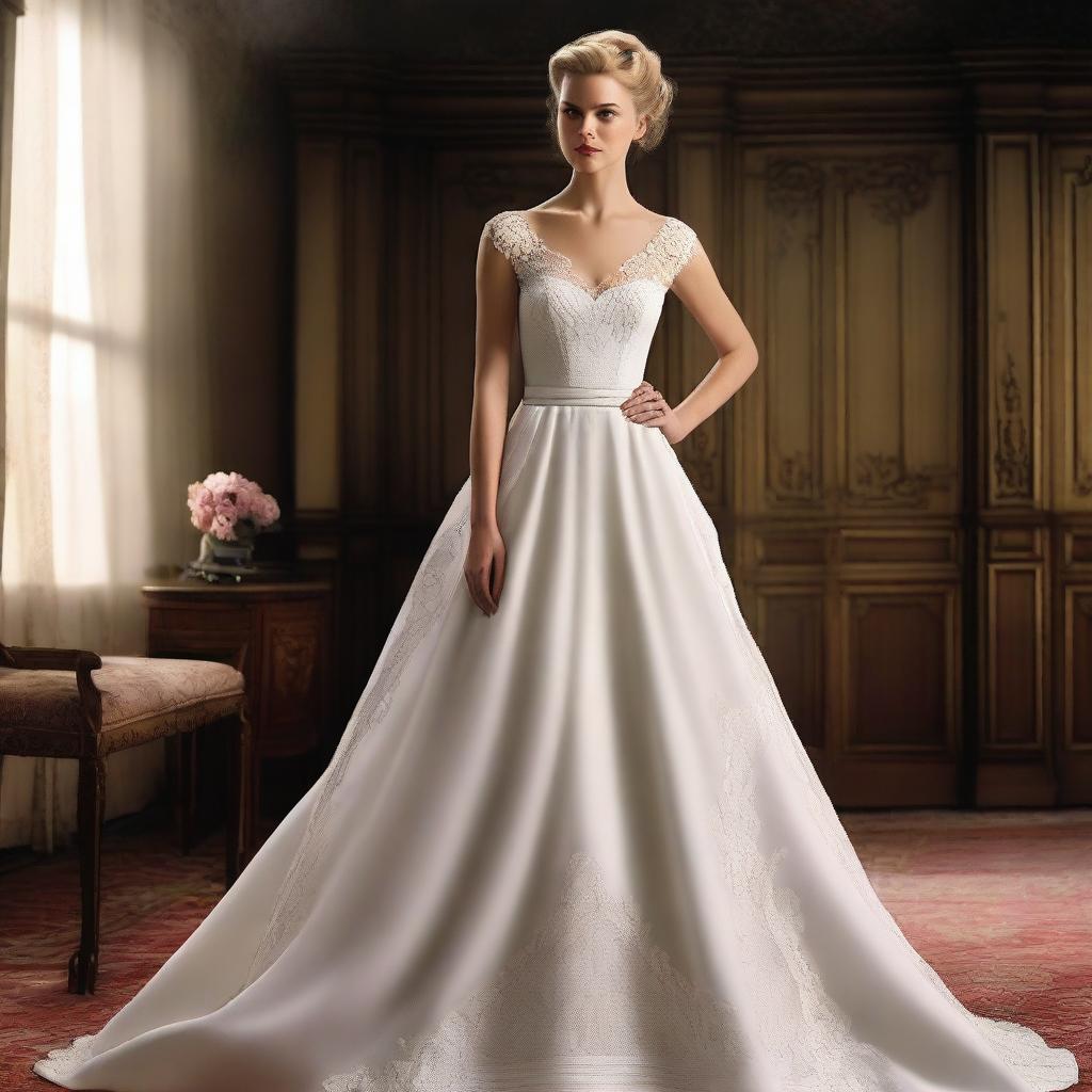 Create an image of Shosanna Dreyfus from the film 'Inglourious Basterds' wearing a beautiful wedding dress