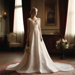 Create an image of Shosanna Dreyfus from the film 'Inglourious Basterds' wearing a beautiful wedding dress