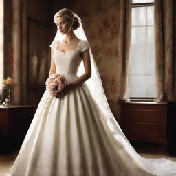 Create an image of Shosanna Dreyfus from the film 'Inglourious Basterds' wearing a beautiful wedding dress