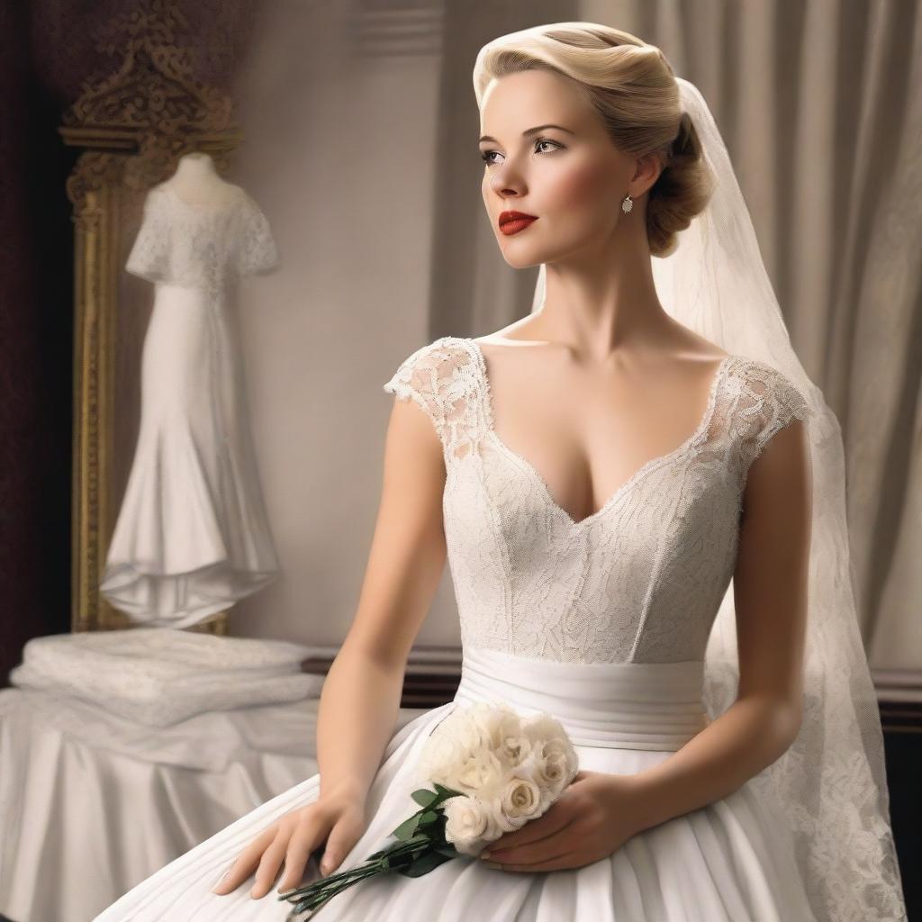 Create an image of Shosanna Dreyfus from the film 'Inglourious Basterds' wearing a beautiful wedding dress