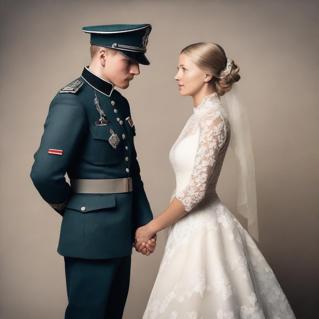 Create an image featuring Shosanna Dreyfus in a wedding dress and Sturmbannführer Dieter Hellstrom