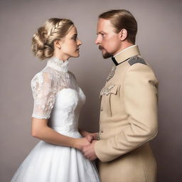 Create an image featuring Shosanna Dreyfus in a wedding dress and Sturmbannführer Dieter Hellstrom