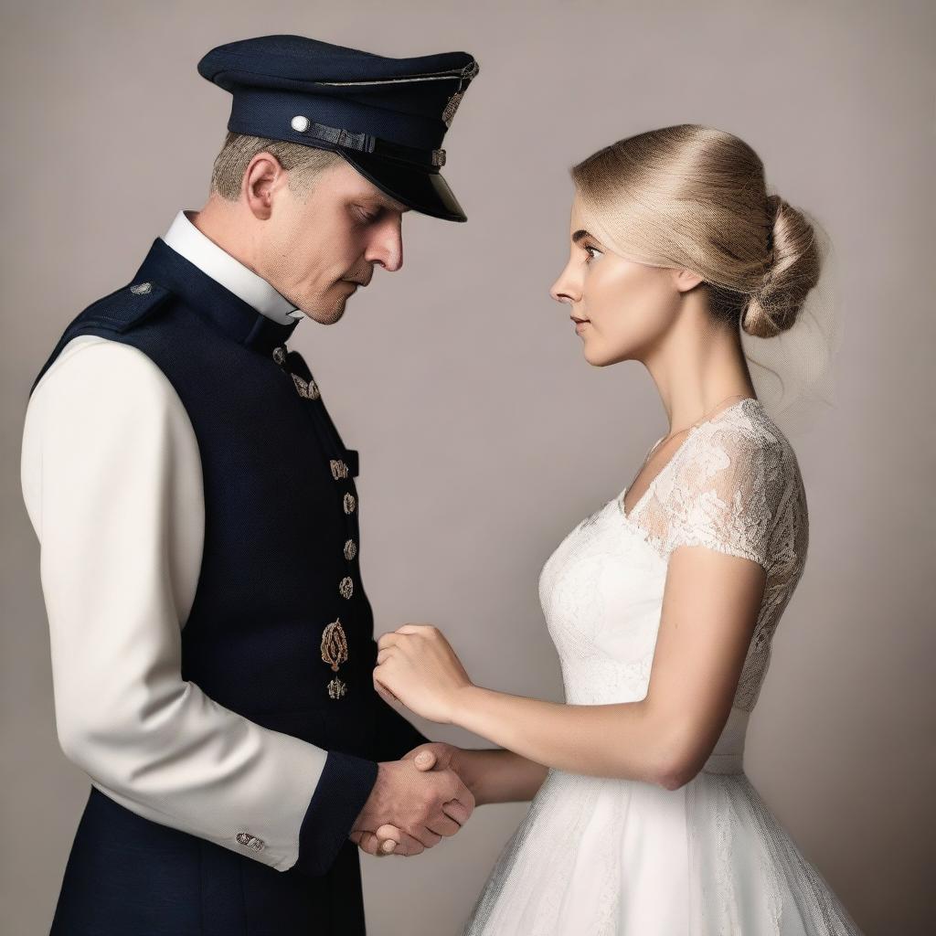 Create an image featuring Shosanna Dreyfus in a wedding dress and Sturmbannführer Dieter Hellstrom