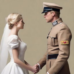 Create an image featuring Shosanna Dreyfus in a wedding dress and Sturmbannführer Dieter Hellstrom