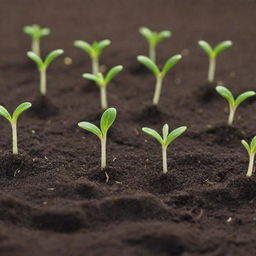 A close-up, lifelike image depicting multiple seeds germinating in fertile, moist soil, sprouting their first green shoots.