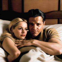 Create an image featuring characters from the movie 'Inglourious Basterds,' specifically Standartenführer Dieter Hellstrom and Shosanna Dreyfus, lying in bed and hugging each other