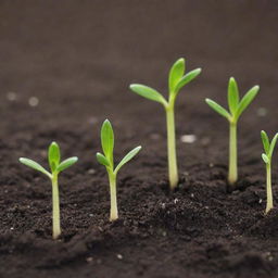 A close-up, lifelike image depicting multiple seeds germinating in fertile, moist soil, sprouting their first green shoots.