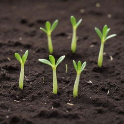 A close-up, lifelike image depicting multiple seeds germinating in fertile, moist soil, sprouting their first green shoots.