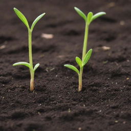 A close-up, lifelike image depicting multiple seeds germinating in fertile, moist soil, sprouting their first green shoots.