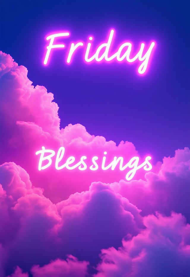 Create a beautiful book cover titled 'Friday Blessings' with glowing neon text and a cute cloud background, evoking calm and positivity