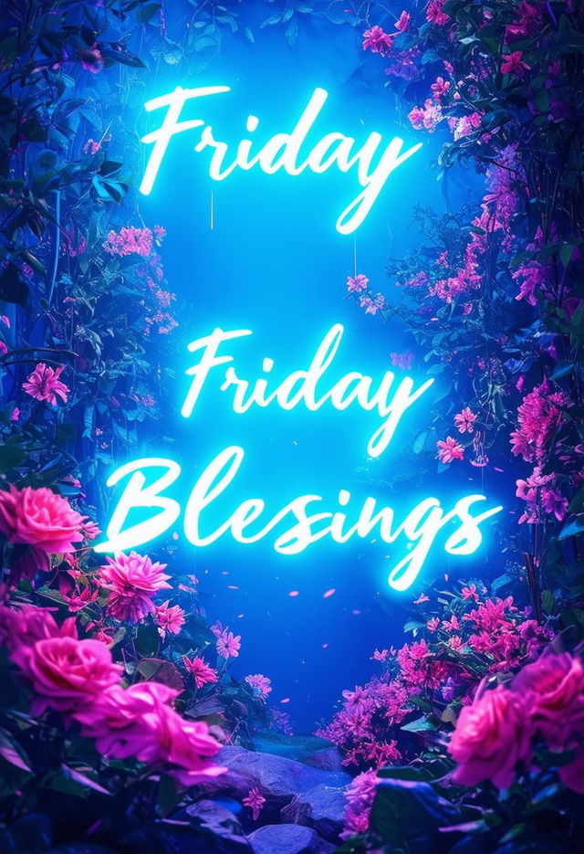 Create a beautiful book cover titled 'Friday Blessings' with glowing neon text and a heavenly garden background, evoking divine blessings and tranquility