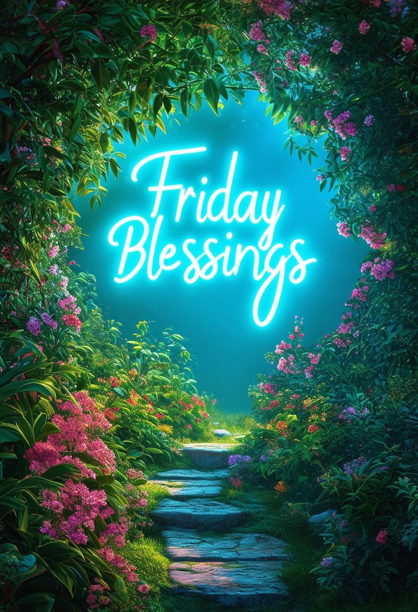 Create a beautiful book cover titled 'Friday Blessings' with glowing neon text and a heavenly garden background, evoking divine beauty and tranquility