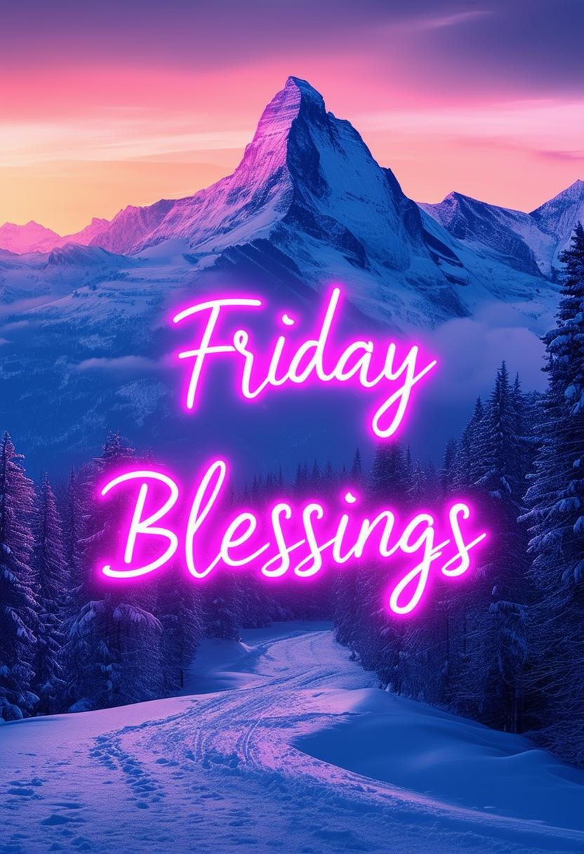 Create a beautiful book cover titled 'Friday Blessings' with glowing neon text and a background of stunning snowy mountain peaks, evoking purity and majestic beauty