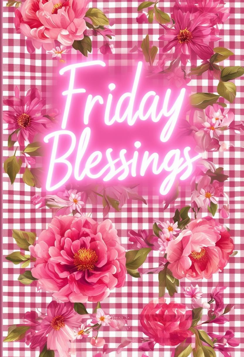 Design a beautiful book cover titled 'Friday Blessings' with glowing neon text, a gingham pattern background, and delicate floral elements, evoking warmth and timeless beauty