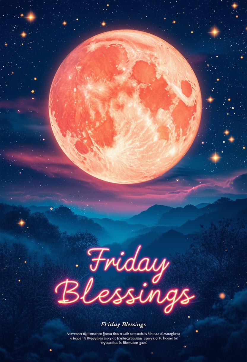 Create a beautiful book cover titled 'Friday Blessings' with glowing neon text and a background featuring a night sky illuminated by a full moon and twinkling stars, evoking serenity and mystical beauty