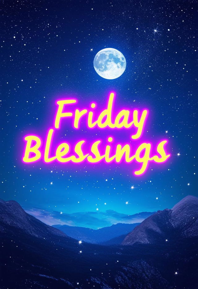 Create a beautiful book cover titled 'Friday Blessings' with glowing neon text and a background featuring a night sky illuminated by a full moon and twinkling stars, evoking serenity and mystical beauty