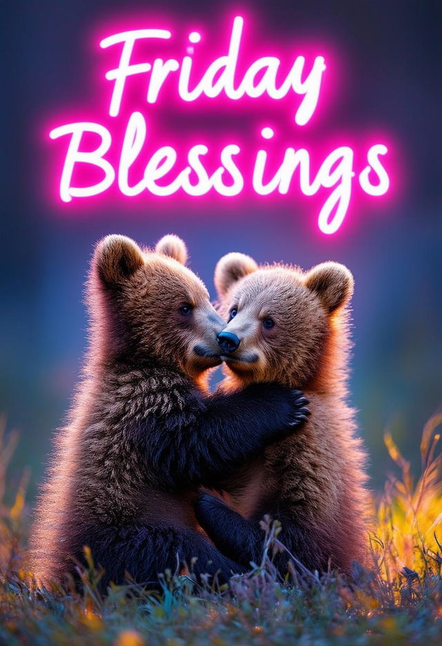 Design a beautiful book cover titled 'Friday Blessings' with glowing neon text and a background featuring a heartwarming photograph of two bear cubs hugging, evoking warmth and blessings