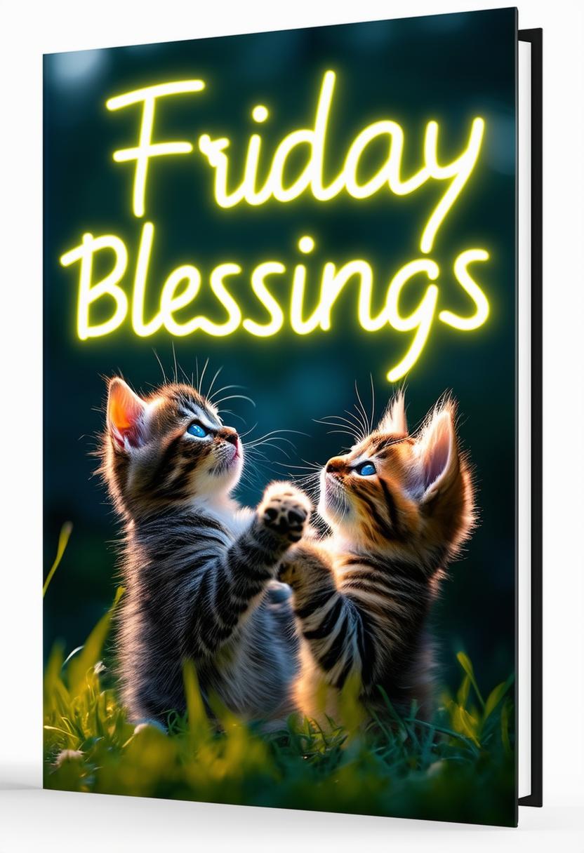 Create a beautiful book cover titled 'Friday Blessings' with glowing neon text and a background featuring a delightful photograph of two kittens playing, evoking joy and blessings