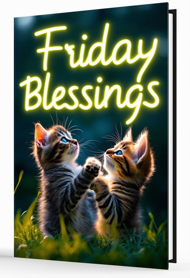 Create a beautiful book cover titled 'Friday Blessings' with glowing neon text and a background featuring a delightful photograph of two kittens playing, evoking joy and blessings