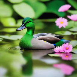 A vibrant green duck standing by a serene pond, surrounded by lush greenery and flowers