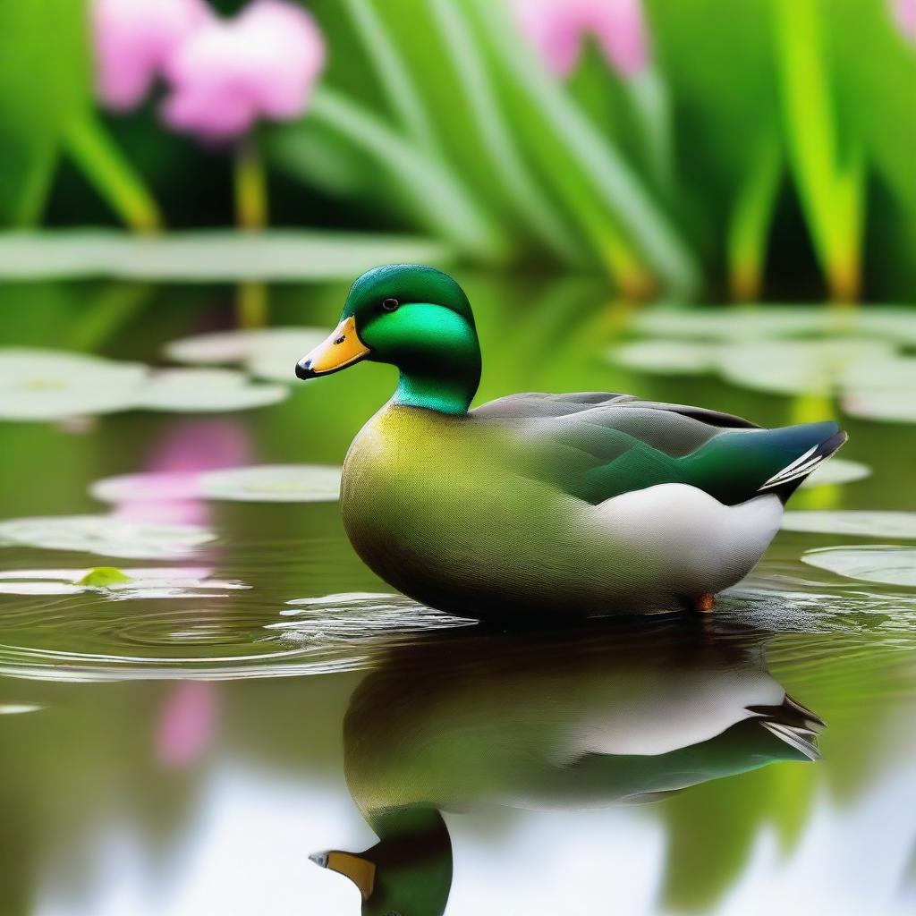 A vibrant green duck standing by a serene pond, surrounded by lush greenery and flowers