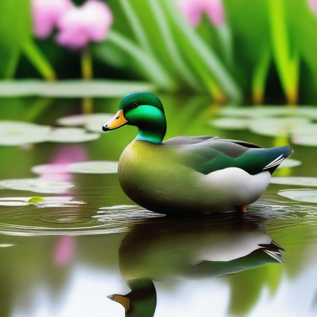 A vibrant green duck standing by a serene pond, surrounded by lush greenery and flowers