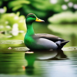 A vibrant green duck standing by a serene pond, surrounded by lush greenery and flowers