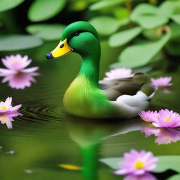 A vibrant green duck standing by a serene pond, surrounded by lush greenery and flowers