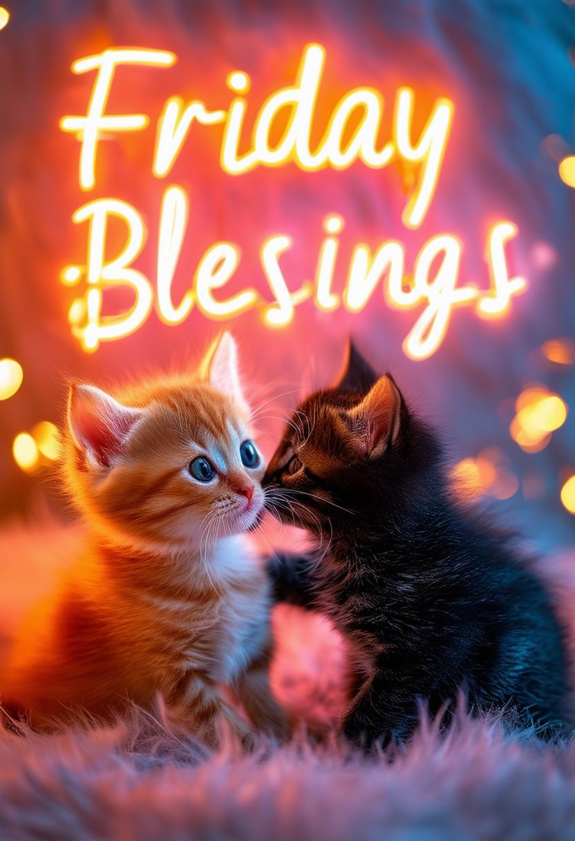 Create a beautiful book cover titled 'Friday Blessings' with glowing neon text and a background featuring two kittens, one ginger and one black, playing together, evoking warmth and blessings