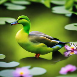 A complete lime green duck standing by a serene pond, surrounded by lush greenery and flowers