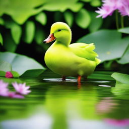 A complete lime green duck standing by a serene pond, surrounded by lush greenery and flowers